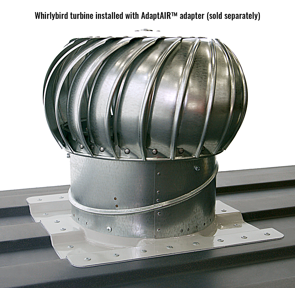 Image of a Whirlybird turbine installed on an AdaptAIR adapter (sold separately) on a corrugated container roof.