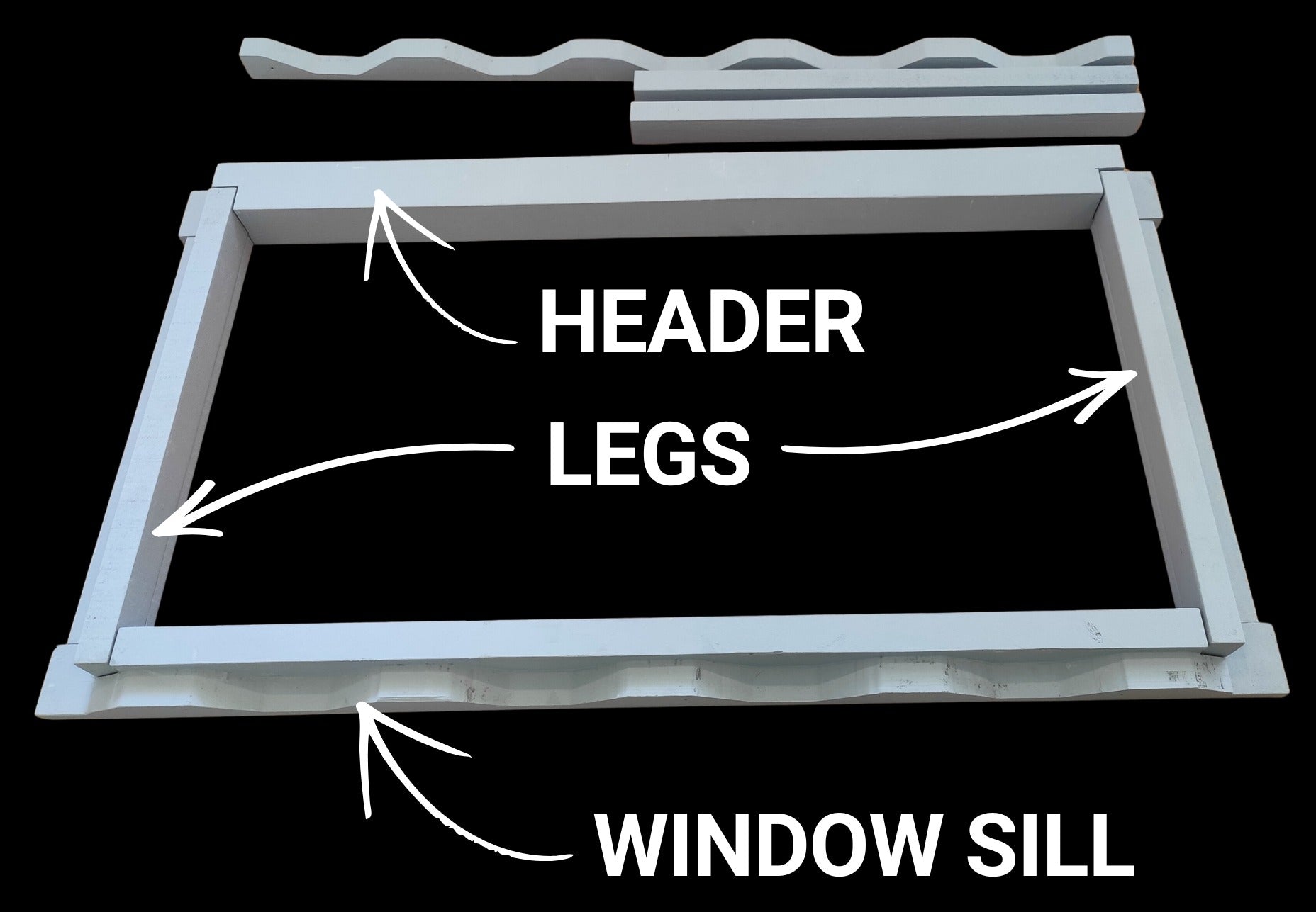ContainerREADY window frame with header, legs, and corrugation-cut window sill